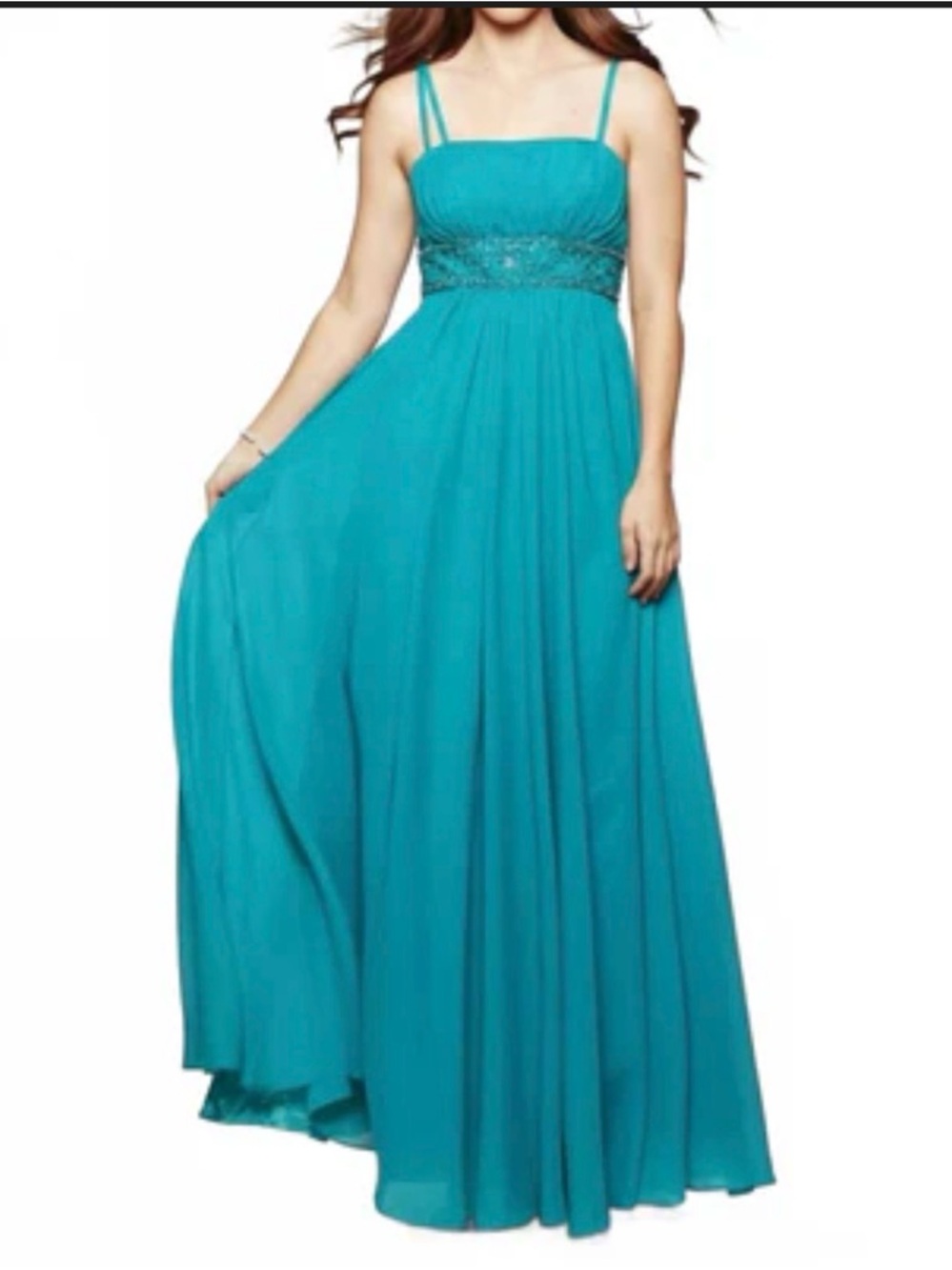 David's Bridal Teal Double-Strap Beaded Empire Maxi Dress